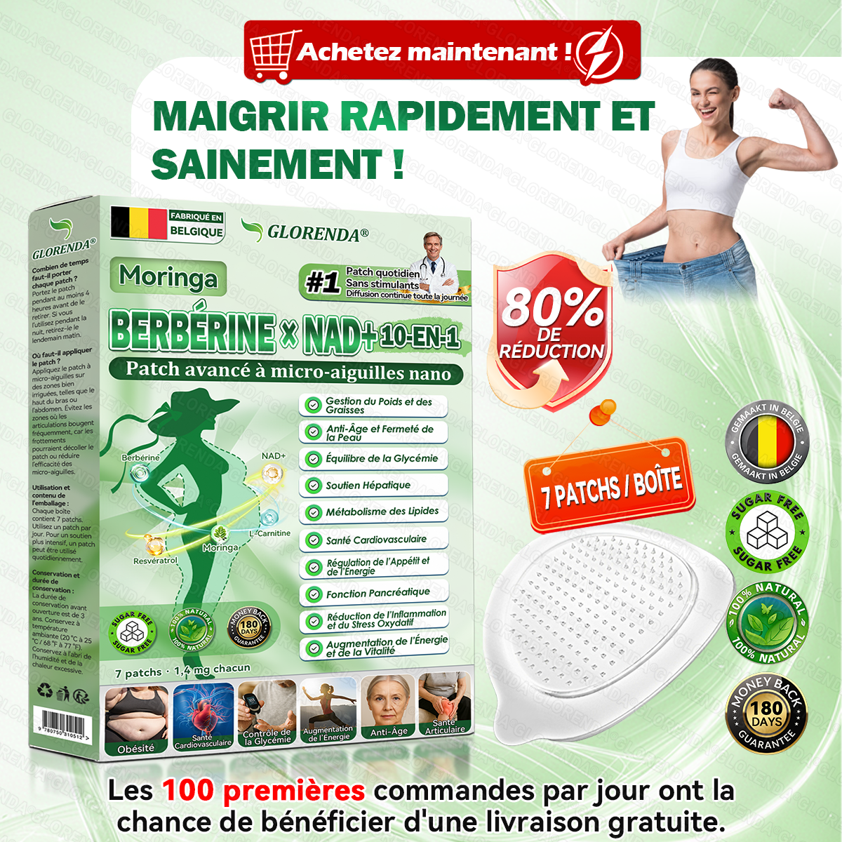 Boutique officielle 🏃🏃‍➡️𝐆𝐋𝐎𝐑𝐄𝐍𝐃𝐀® Moringa · Berbérine + NAD+ – Patch Microneedle Nano Avancé 10-en-1 (1×/jour, résultats visibles en 7 jours) | Obésité, relâchement cutané, apnée du sommeil, articulations, etc.-LYJ