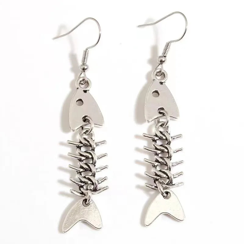 Boucles d’oreilles en forme d’arête de poisson couleur argent antique, design simple fait main